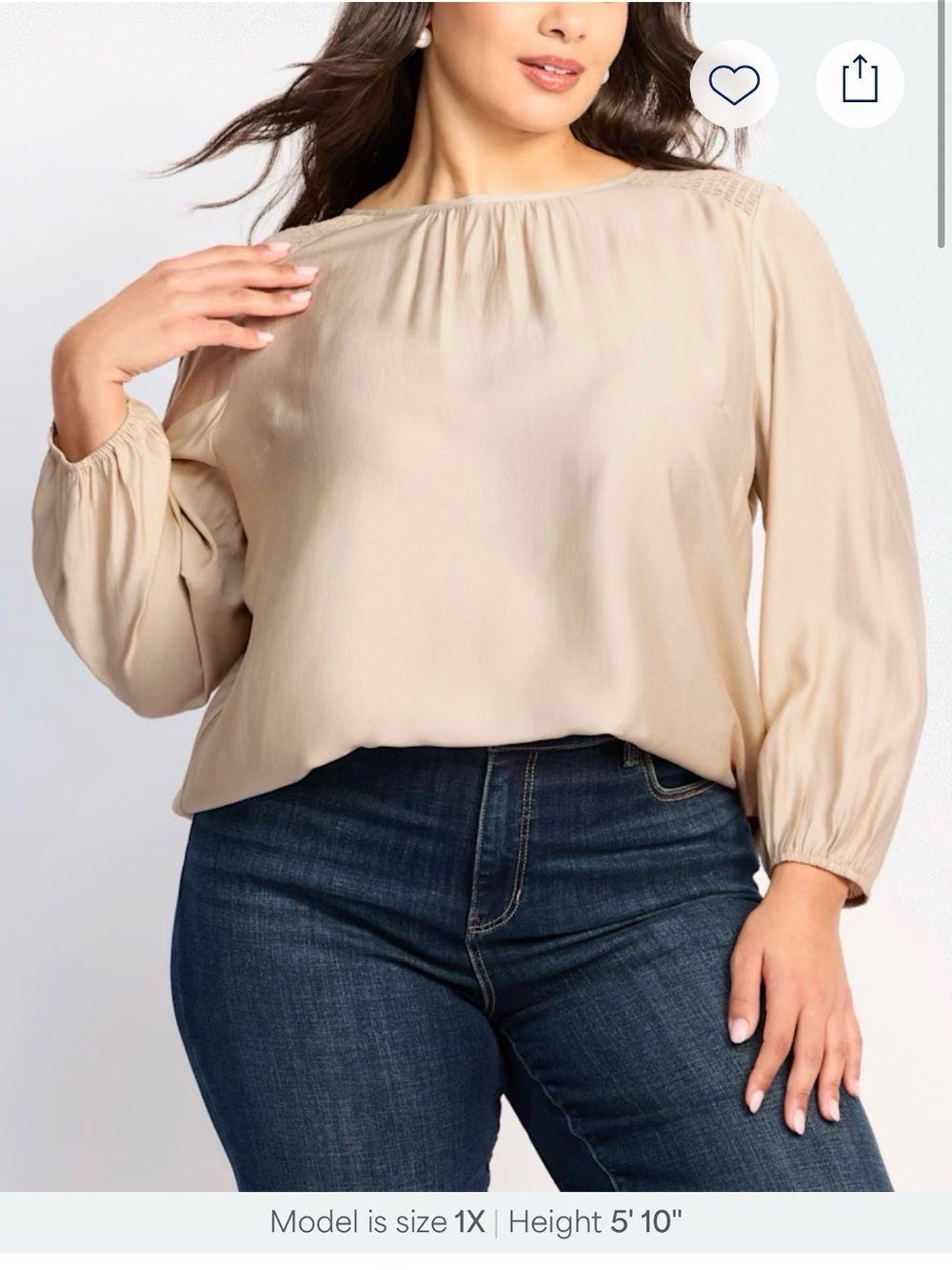 Monday Fun Micah Detail Blouse | Beige Long Sleeve Smocked Shoulder Top | 2X